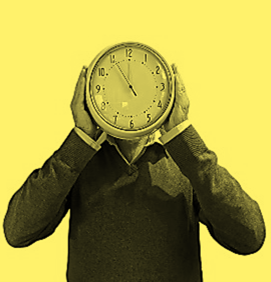 A person holding a clock in front of their face on a yellow background