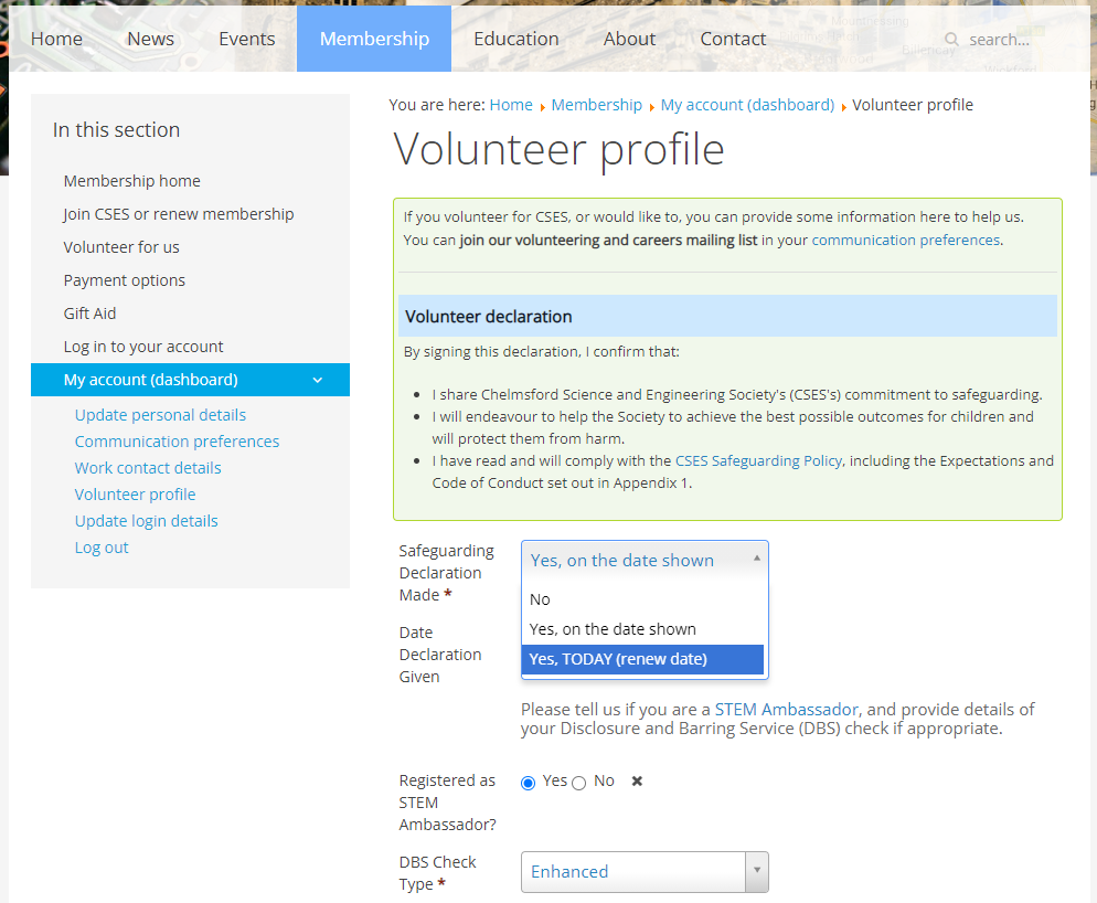 Volunteer profile screenshot